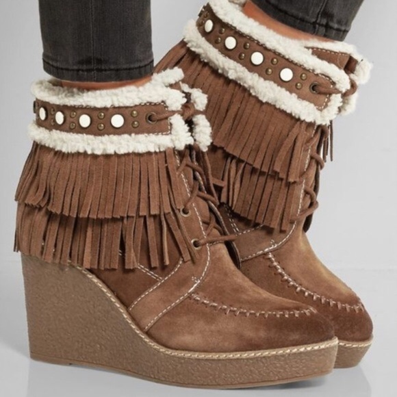 Sam Edelman Kemper Fringe Faux Fur Wedge Bootie boho western - Picture 2 of 8